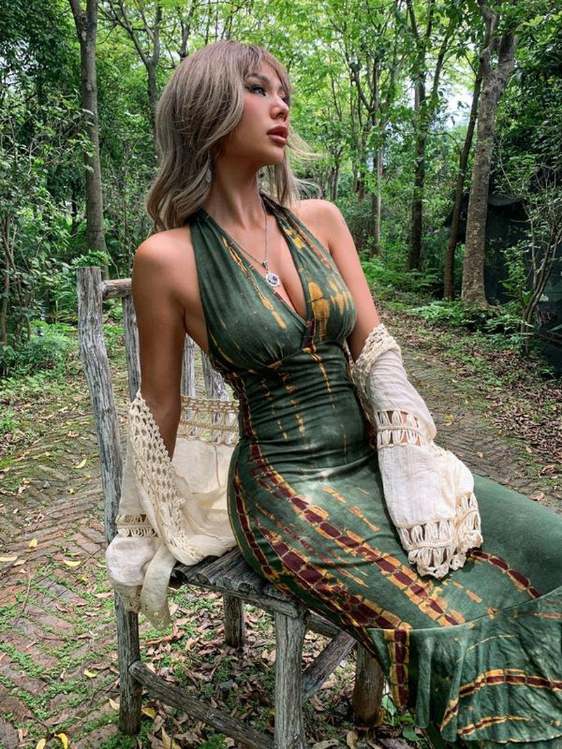 Women'S Sexy Tie Dye Print Ruffle Hem Tie Back Halter Bodycon Dress, Summer Clothes Women Punk Fashion Casual V Neck Long Dress for Outdoor Beach Vacation, Breathable Comfortable Dress, Lady Summer Clothes, Birthday Dresses, 80S Fashion, Summer Dresses