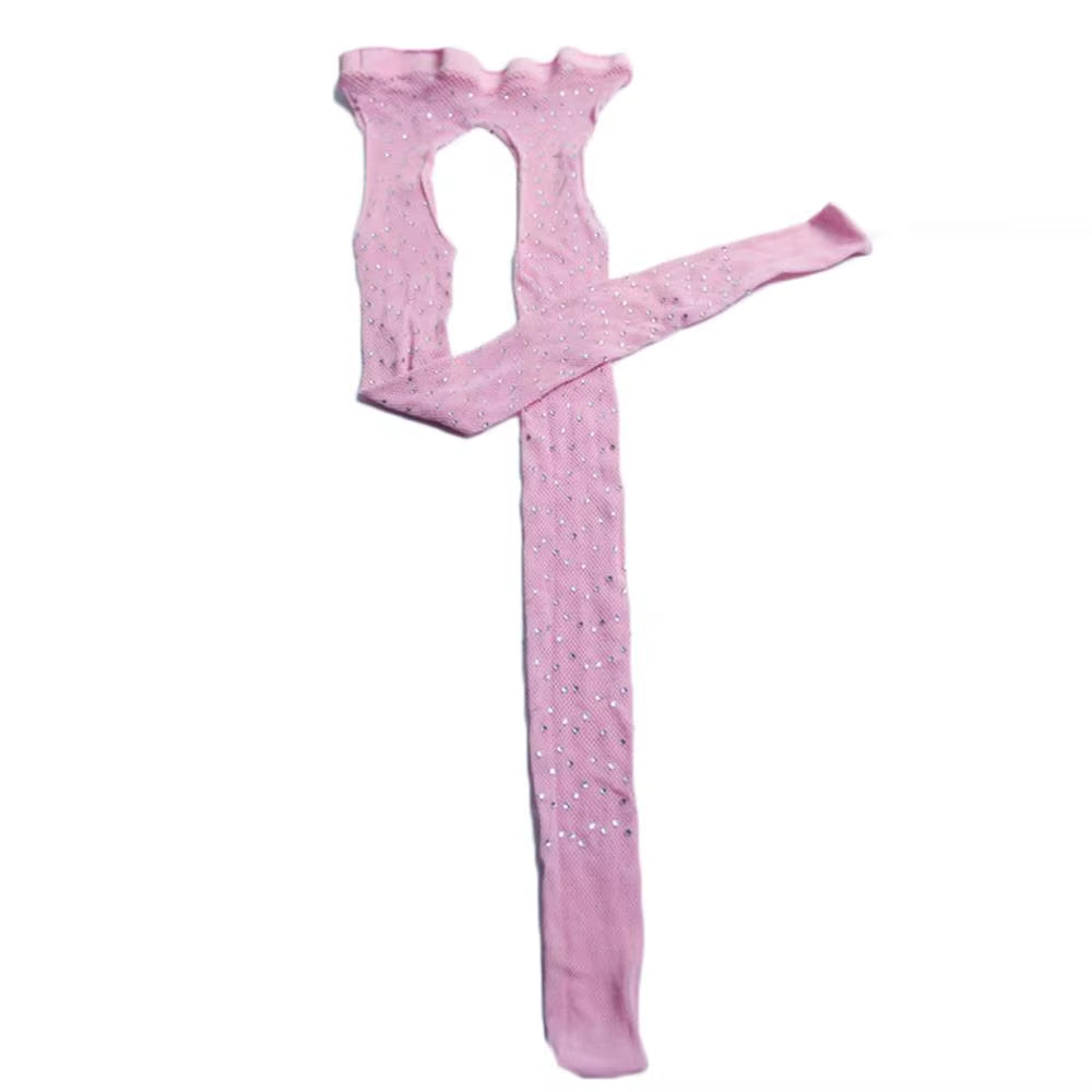 Sexy Rhinestone Mesh Fishnet Pantyhose Women Bling Tights Slim Pantyhose Open Crotch Mesh Stockings Party Club Hosiery