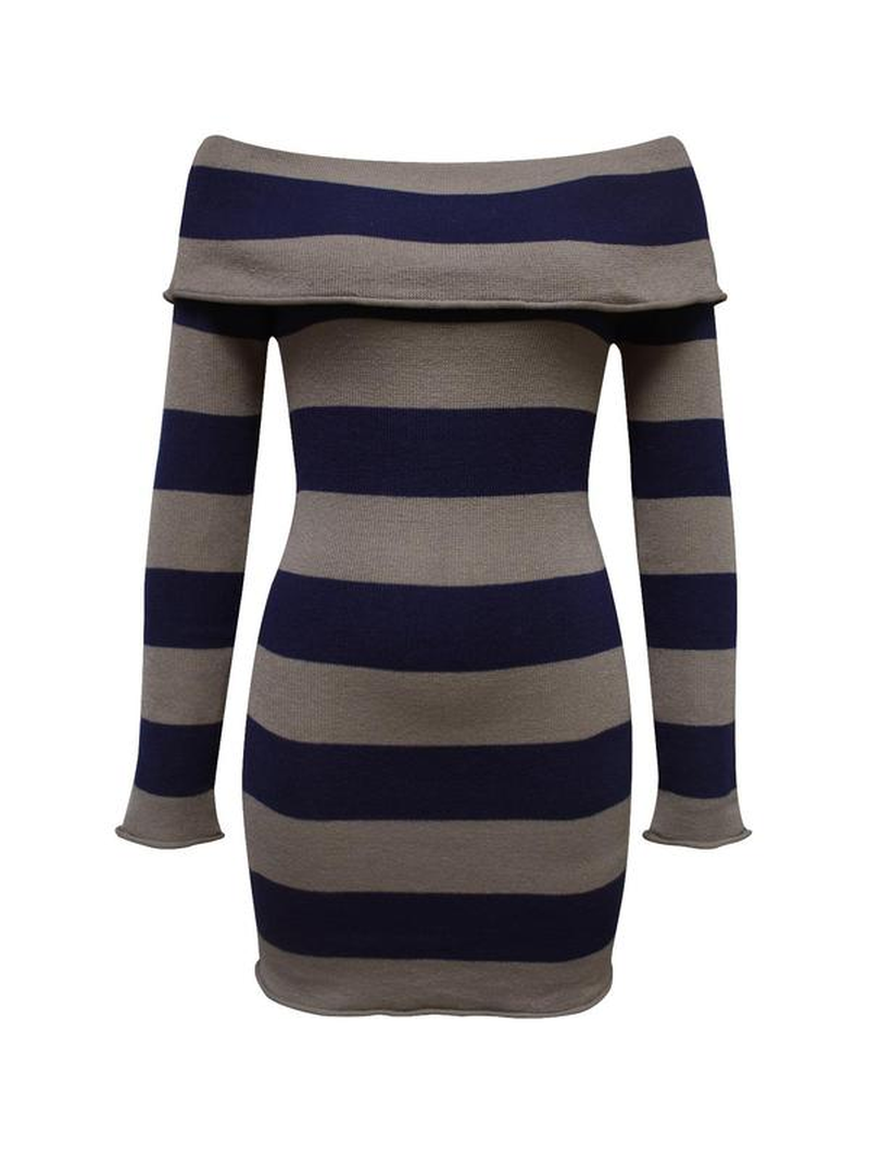 Women'S Y2K Trendy Striped Print off Shoulder Bodycon Knit Dress