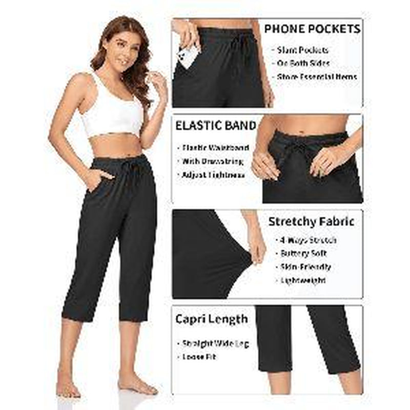 SOMER Women'S Yoga Pants Flared Capri Drawstring Pockets High Waist Comfortable Breathable Summer Workout Pants for Women