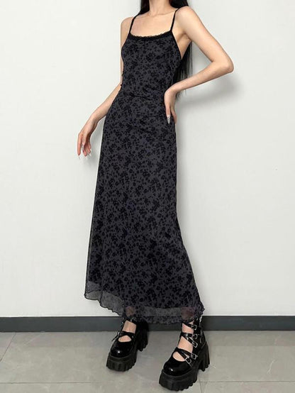 Women'S Ditsy Floral Print Contrast Lace Cami Dress, Casual Adjustable Strap Backless Long Dress, Ladies Summer Clothes for Beach Holiday Daily Wear