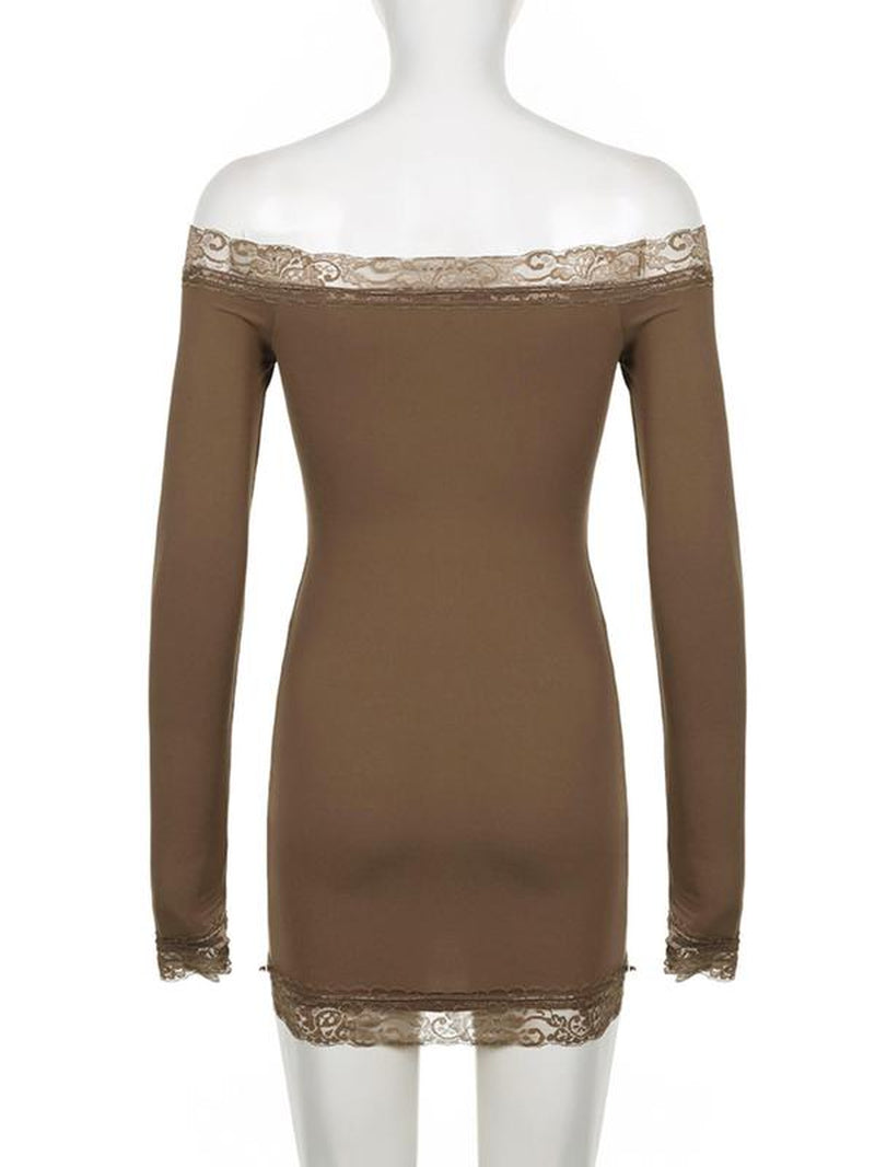 Women'S Contrast Lace off Shoulder Bodycon Party Dress, Elegant Long Sleeve Mini Dress for Party Club Dating, Ladies Spring & Fall Clothes, Valentine'S Day Gift for Girl