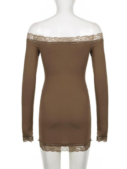 Women'S Contrast Lace off Shoulder Bodycon Party Dress, Elegant Long Sleeve Mini Dress for Party Club Dating, Ladies Spring & Fall Clothes, Valentine'S Day Gift for Girl