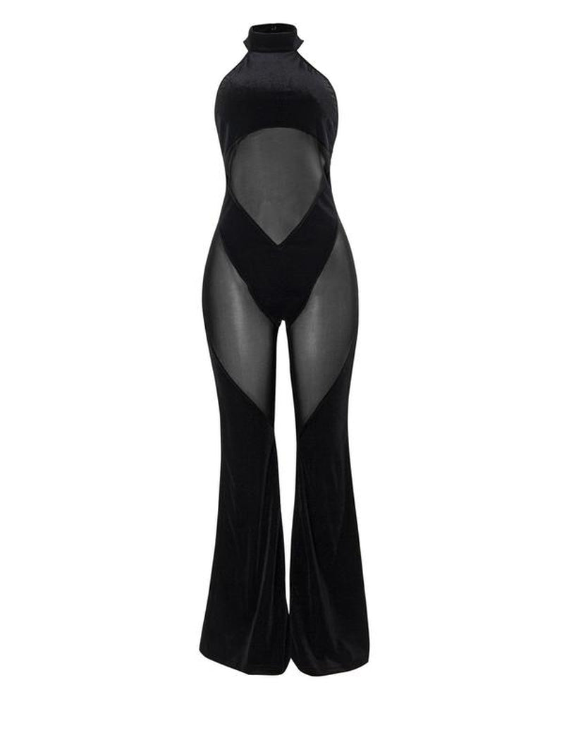 Women'S Sheer Flare Leg Halter Neck Tulle Jumpsuit, Solid Elegance Sleeveless Drop Waist Jumpsuit for Summer, Casual Skinny Fashion Ladies Clothes for Party Club, Summer Clothes Women, Womenswear, Premium Fabric