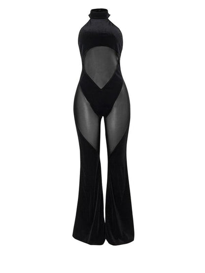Women'S Sheer Flare Leg Halter Neck Tulle Jumpsuit, Solid Elegance Sleeveless Drop Waist Jumpsuit for Summer, Casual Skinny Fashion Ladies Clothes for Party Club, Summer Clothes Women, Womenswear, Premium Fabric