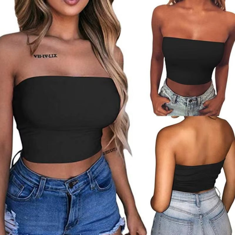 Womens Sexy Strapless off Shoulder Crop Tube Top Solid Color Stretchy Bandeau Seamless Casual Basic Breast Wrap No-Padded Bra