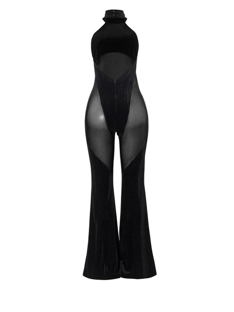 Women'S Sheer Flare Leg Halter Neck Tulle Jumpsuit, Solid Elegance Sleeveless Drop Waist Jumpsuit for Summer, Casual Skinny Fashion Ladies Clothes for Party Club, Summer Clothes Women, Womenswear, Premium Fabric