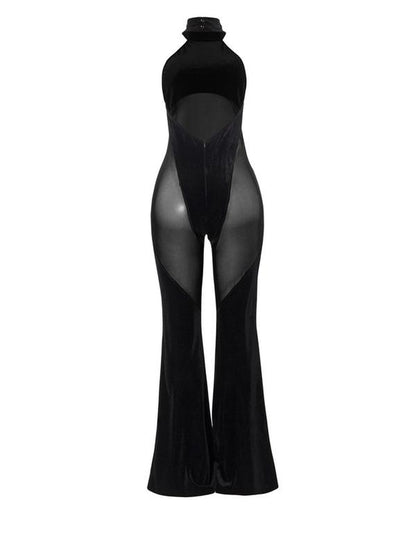 Women'S Sheer Flare Leg Halter Neck Tulle Jumpsuit, Solid Elegance Sleeveless Drop Waist Jumpsuit for Summer, Casual Skinny Fashion Ladies Clothes for Party Club, Summer Clothes Women, Womenswear, Premium Fabric