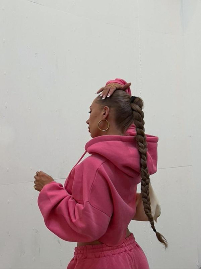 Women'S Solid Zip up Crop Drawstring Hoodie & Drawstring Waist Sweatpants Two-Piece Set, Casual Fashion Cozy Breathable Two Piece Outfits for Daily Outdoor Wear, Women Clothes for Fall & Winter