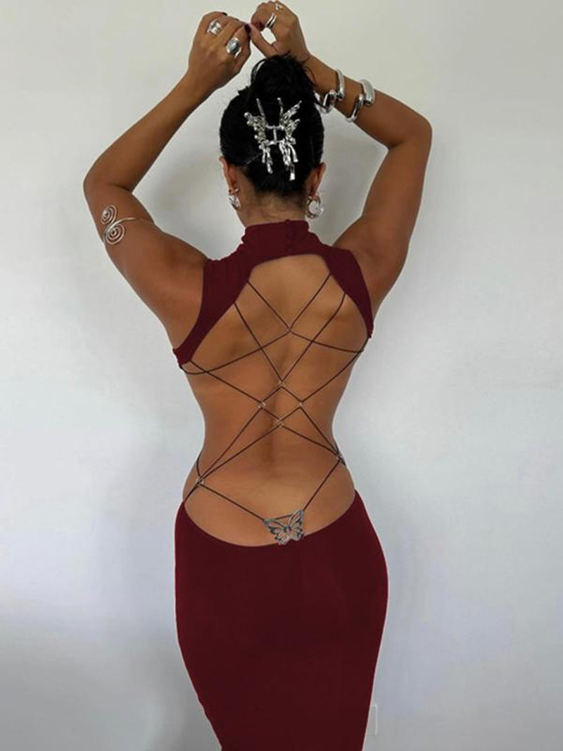 Women'S Backless Butterfly Decor Bodycon Dress, Fashionable High Neck O-Ring Tank Dress for Party Club Dating Wear, Dresses for Women, Fall Dresses, Ladies Back to School Clothes for Fall, Birthday Dresses 2024, Dresses for Women