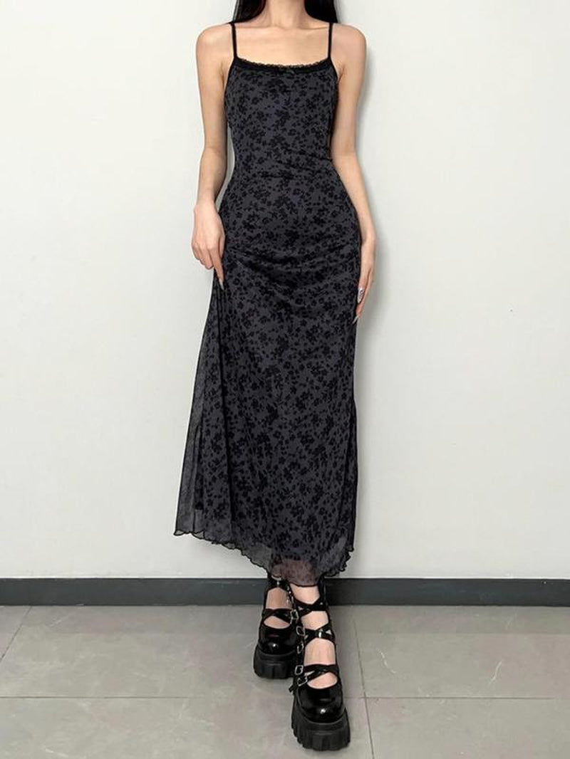 Women'S Ditsy Floral Print Contrast Lace Cami Dress, Casual Adjustable Strap Backless Long Dress, Ladies Summer Clothes for Beach Holiday Daily Wear