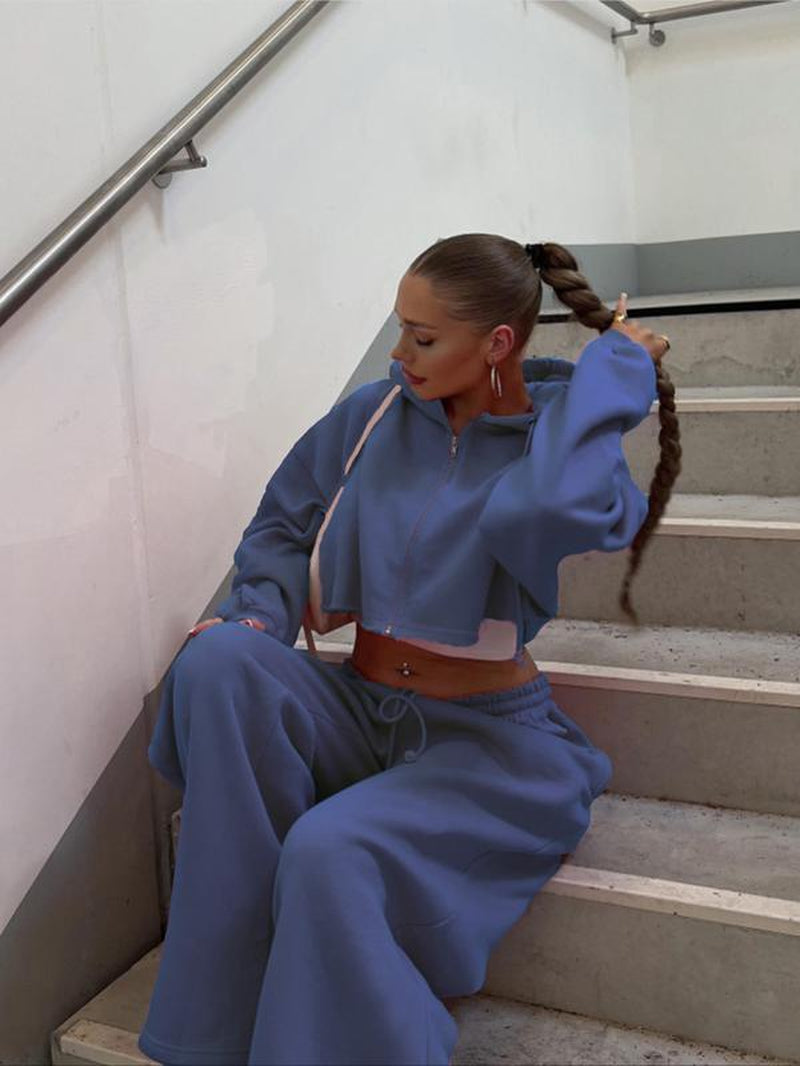 Women'S Solid Zip up Crop Drawstring Hoodie & Drawstring Waist Sweatpants Two-Piece Set, Casual Fashion Cozy Breathable Two Piece Outfits for Daily Outdoor Wear, Women Clothes for Fall & Winter