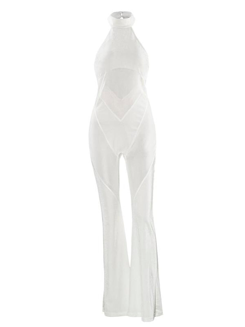 Women'S Sheer Flare Leg Halter Neck Tulle Jumpsuit, Solid Elegance Sleeveless Drop Waist Jumpsuit for Summer, Casual Skinny Fashion Ladies Clothes for Party Club, Summer Clothes Women, Womenswear, Premium Fabric