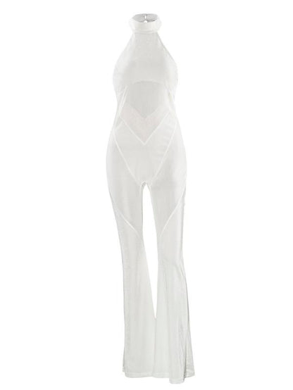 Women'S Sheer Flare Leg Halter Neck Tulle Jumpsuit, Solid Elegance Sleeveless Drop Waist Jumpsuit for Summer, Casual Skinny Fashion Ladies Clothes for Party Club, Summer Clothes Women, Womenswear, Premium Fabric