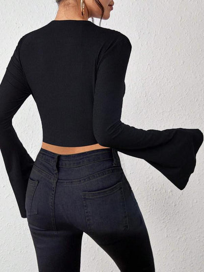 Women'S Plain Lettuce Trim Flounce Sleeve Crop Tee, Elegant Mock Neck Long Sleeve Skinny T-Shirt for Fall & Winter, Women'S Clothing for Daily Wear