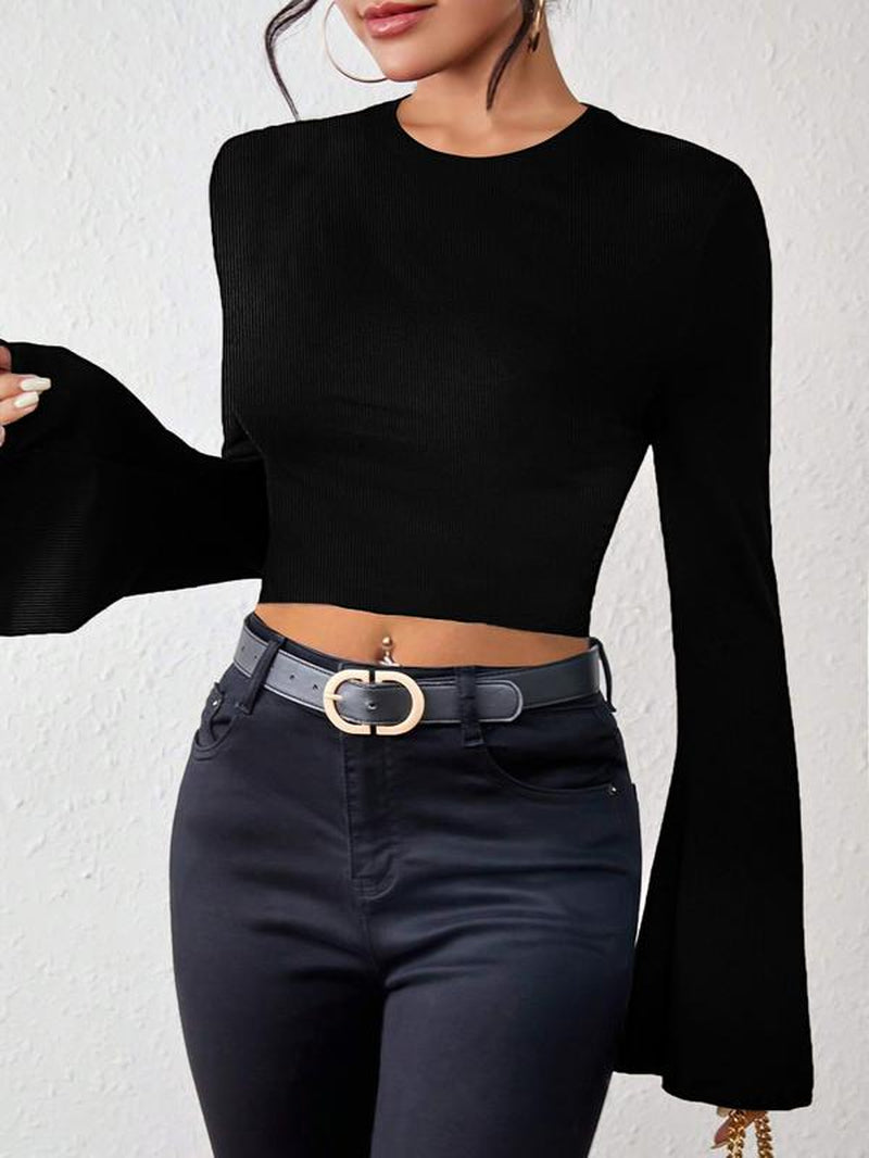 Women'S Plain Lettuce Trim Flounce Sleeve Crop Tee, Elegant Mock Neck Long Sleeve Skinny T-Shirt for Fall & Winter, Women'S Clothing for Daily Wear