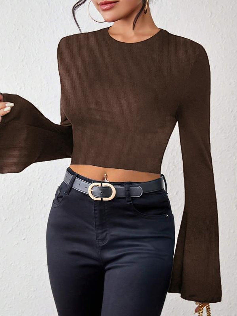 Women'S Plain Lettuce Trim Flounce Sleeve Crop Tee, Elegant Mock Neck Long Sleeve Skinny T-Shirt for Fall & Winter, Women'S Clothing for Daily Wear