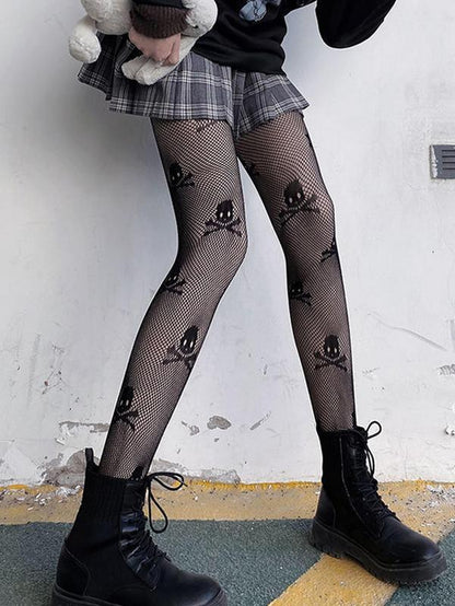 Women'S Skull Pattern Fishnet Tights, Gothic Punk Style Sheer Mesh Tights, Sexy Pantyhose for Halloween Cosplay Dance, High Stretch Tights