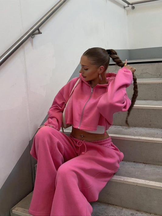 Women'S Solid Zip up Crop Drawstring Hoodie & Drawstring Waist Sweatpants Two-Piece Set, Casual Fashion Cozy Breathable Two Piece Outfits for Daily Outdoor Wear, Women Clothes for Fall & Winter