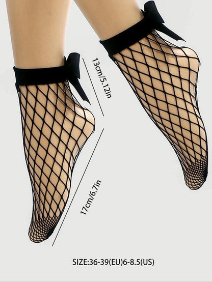 Women'S 1 Pair Plain Bow Decor Fishnet Socks, Summer 2024 Black Hollow Out Mesh Socks Net Socks, Elastic Ankle Socks, Plain Crew Socks, Women'S Socks & Stocking, Womenswear