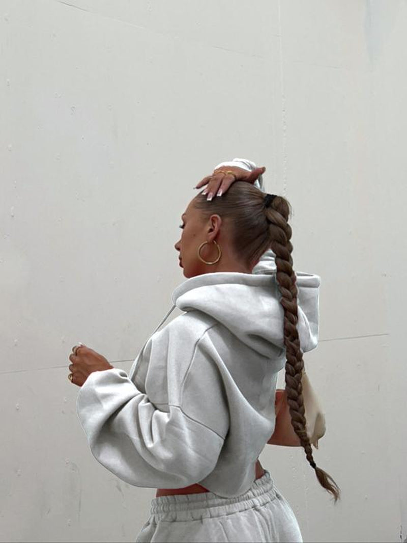 Women'S Solid Zip up Crop Drawstring Hoodie & Drawstring Waist Sweatpants Two-Piece Set, Casual Fashion Cozy Breathable Two Piece Outfits for Daily Outdoor Wear, Women Clothes for Fall & Winter