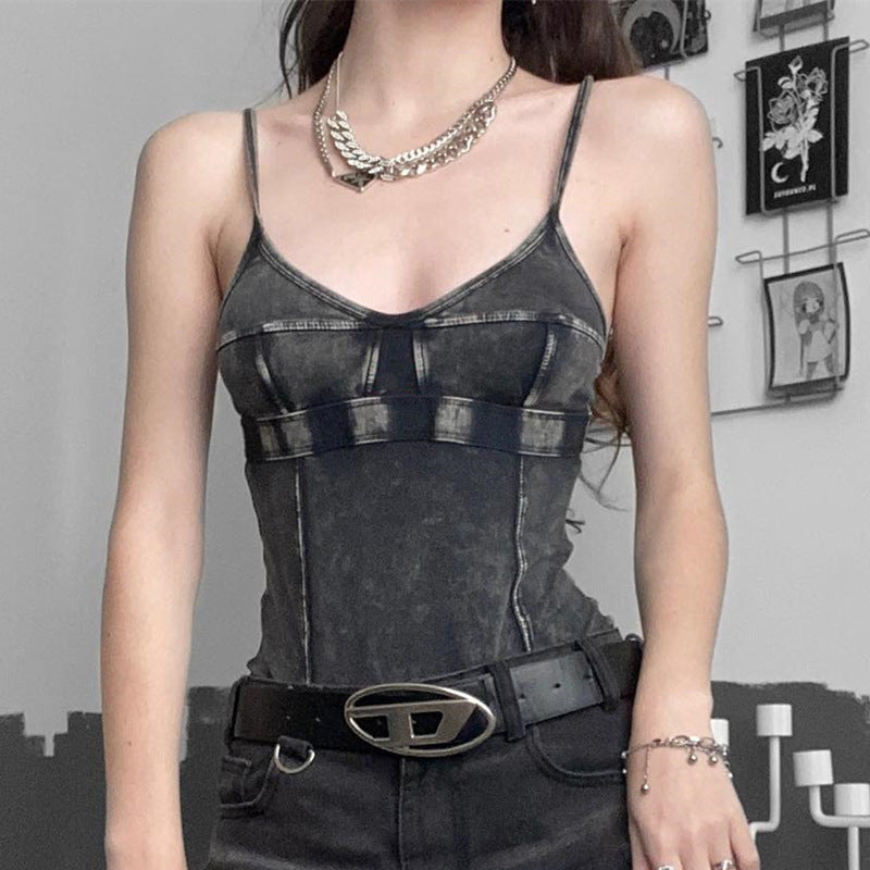 Street Style Retro Worn-Out Slim Fitting Halter Jumpsuit