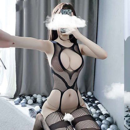 Fun Lingerie Striped Hollowed Out Mesh Garter Belt All-In-One Jumpsuit