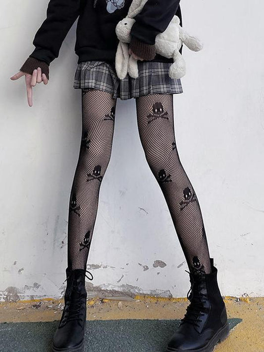 Women'S Skull Pattern Fishnet Tights, Gothic Punk Style Sheer Mesh Tights, Sexy Pantyhose for Halloween Cosplay Dance, High Stretch Tights