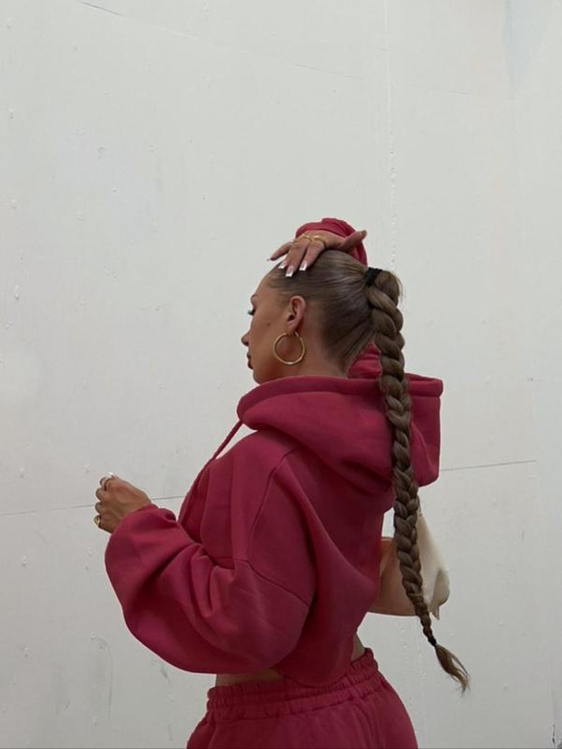 Women'S Solid Zip up Crop Drawstring Hoodie & Drawstring Waist Sweatpants Two-Piece Set, Casual Fashion Cozy Breathable Two Piece Outfits for Daily Outdoor Wear, Women Clothes for Fall & Winter