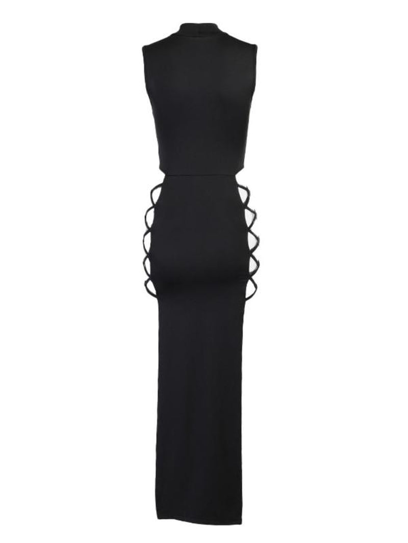 Women'S Solid Criss Cross Split Mock Neck Bodycon Dress, Elegant Mock Neck Sleeveless Midi Dress for Party Club Dating, Women'S Summer Outfits