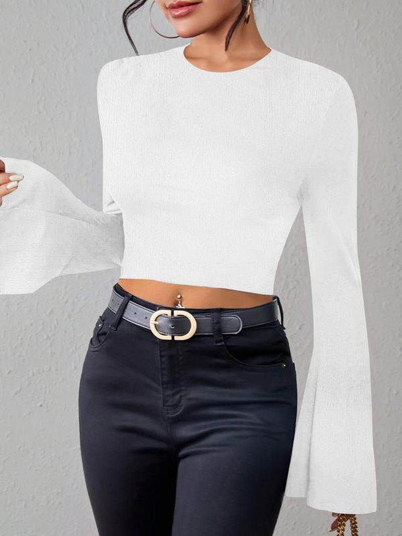 Women'S Plain Lettuce Trim Flounce Sleeve Crop Tee, Elegant Mock Neck Long Sleeve Skinny T-Shirt for Fall & Winter, Women'S Clothing for Daily Wear