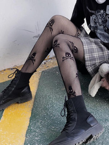 Women'S Skull Pattern Fishnet Tights, Gothic Punk Style Sheer Mesh Tights, Sexy Pantyhose for Halloween Cosplay Dance, High Stretch Tights