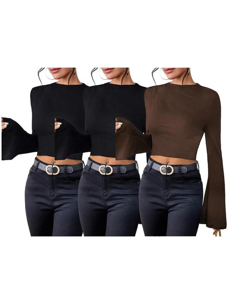 Women'S Plain Lettuce Trim Flounce Sleeve Crop Tee, Elegant Mock Neck Long Sleeve Skinny T-Shirt for Fall & Winter, Women'S Clothing for Daily Wear