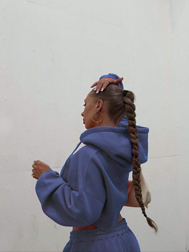 Women'S Solid Zip up Crop Drawstring Hoodie & Drawstring Waist Sweatpants Two-Piece Set, Casual Fashion Cozy Breathable Two Piece Outfits for Daily Outdoor Wear, Women Clothes for Fall & Winter