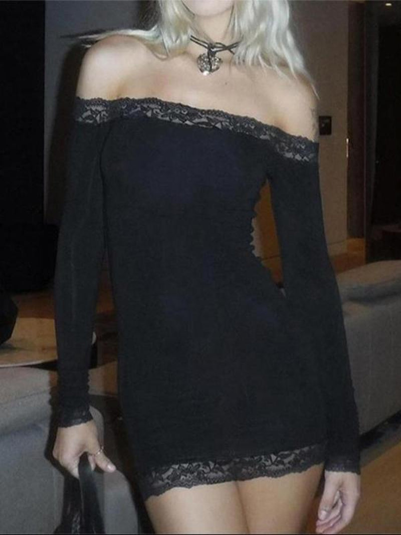 Women'S Contrast Lace off Shoulder Bodycon Party Dress, Elegant Long Sleeve Mini Dress for Party Club Dating, Ladies Spring & Fall Clothes, Valentine'S Day Gift for Girl