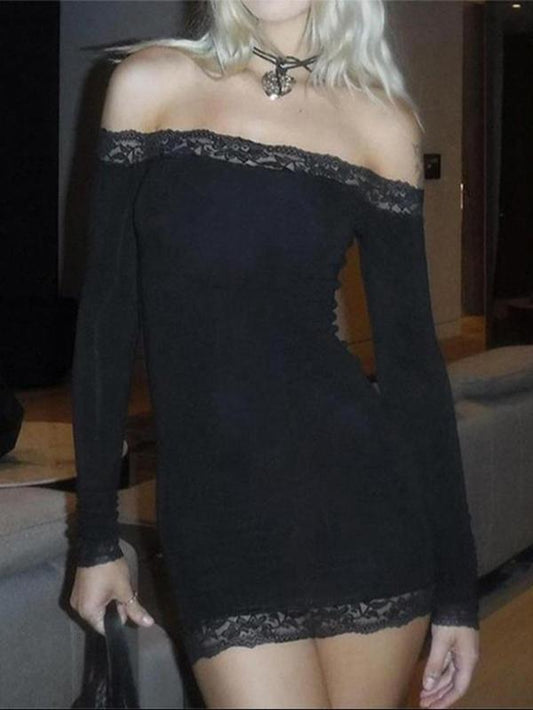 Women'S Contrast Lace off Shoulder Bodycon Party Dress, Elegant Long Sleeve Mini Dress for Party Club Dating, Ladies Spring & Fall Clothes, Valentine'S Day Gift for Girl