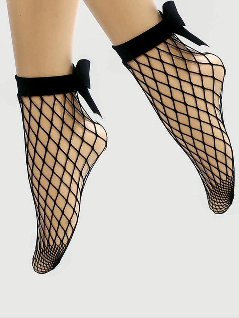 Women'S 1 Pair Plain Bow Decor Fishnet Socks, Summer 2024 Black Hollow Out Mesh Socks Net Socks, Elastic Ankle Socks, Plain Crew Socks, Women'S Socks & Stocking, Womenswear
