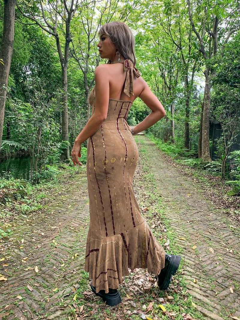 Women'S Sexy Tie Dye Print Ruffle Hem Tie Back Halter Bodycon Dress, Summer Clothes Women Punk Fashion Casual V Neck Long Dress for Outdoor Beach Vacation, Breathable Comfortable Dress, Lady Summer Clothes, Birthday Dresses, 80S Fashion, Summer Dresses