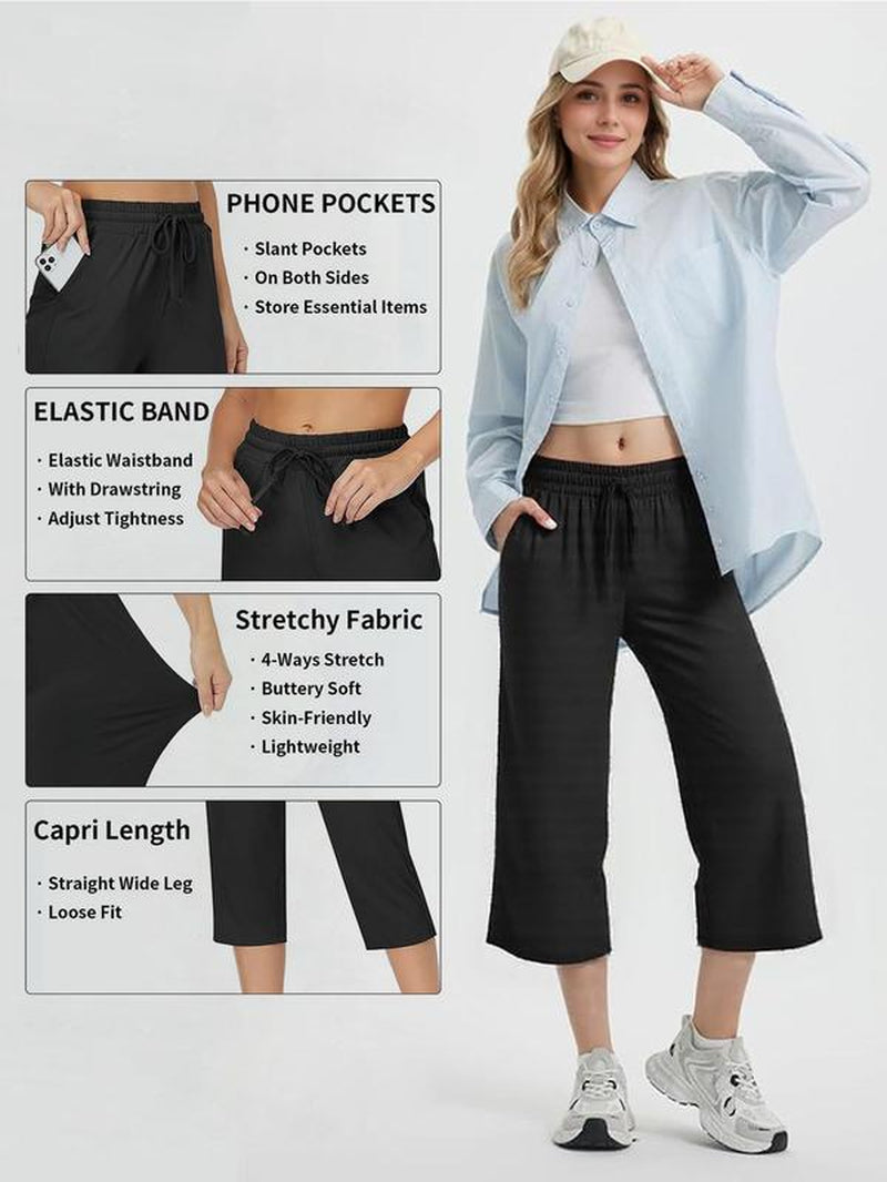 SOMER Women'S Yoga Pants Flared Capri Drawstring Pockets High Waist Comfortable Breathable Summer Workout Pants for Women