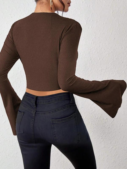 Women'S Plain Lettuce Trim Flounce Sleeve Crop Tee, Elegant Mock Neck Long Sleeve Skinny T-Shirt for Fall & Winter, Women'S Clothing for Daily Wear