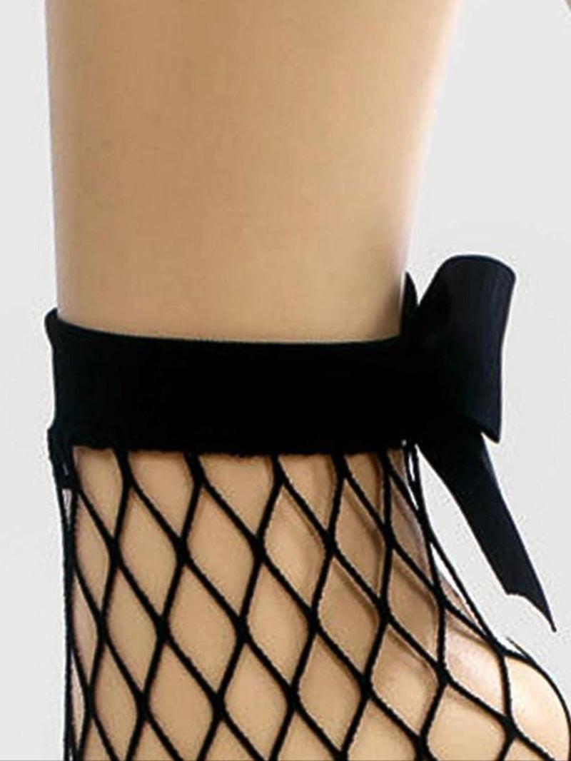 Women'S 1 Pair Plain Bow Decor Fishnet Socks, Summer 2024 Black Hollow Out Mesh Socks Net Socks, Elastic Ankle Socks, Plain Crew Socks, Women'S Socks & Stocking, Womenswear