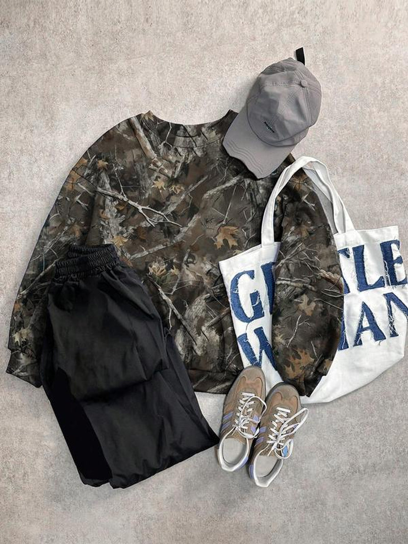 Unisex'S Plants Print Drop Shoulder Sweatshirt, Casual Long Sleeve Pullover for Fall & Winter, Unisex'S Clothes for Daily Wear