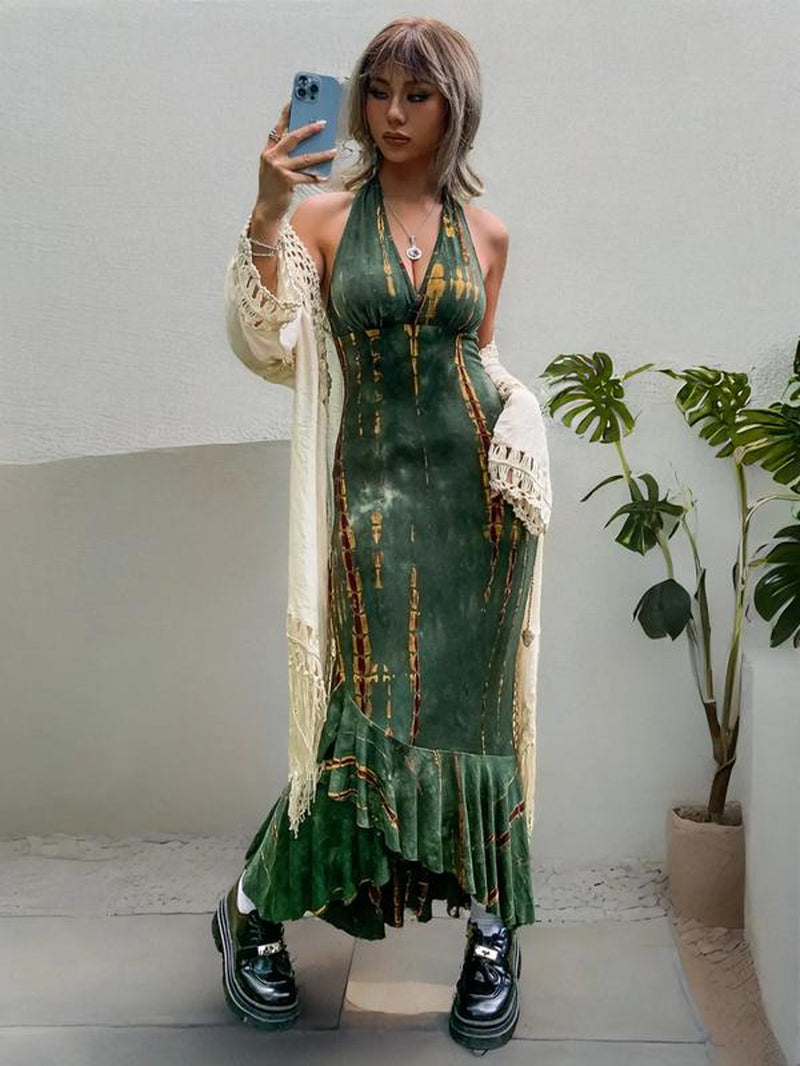 Women'S Sexy Tie Dye Print Ruffle Hem Tie Back Halter Bodycon Dress, Summer Clothes Women Punk Fashion Casual V Neck Long Dress for Outdoor Beach Vacation, Breathable Comfortable Dress, Lady Summer Clothes, Birthday Dresses, 80S Fashion, Summer Dresses