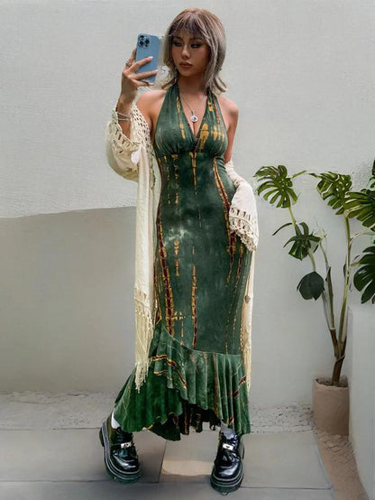 Women'S Sexy Tie Dye Print Ruffle Hem Tie Back Halter Bodycon Dress, Summer Clothes Women Punk Fashion Casual V Neck Long Dress for Outdoor Beach Vacation, Breathable Comfortable Dress, Lady Summer Clothes, Birthday Dresses, 80S Fashion, Summer Dresses