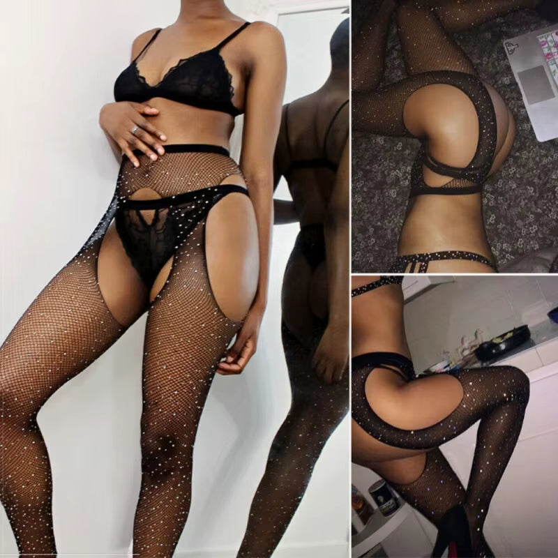 Sexy Rhinestone Mesh Fishnet Pantyhose Women Bling Tights Slim Pantyhose Open Crotch Mesh Stockings Party Club Hosiery