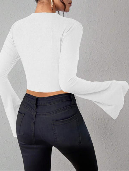 Women'S Plain Lettuce Trim Flounce Sleeve Crop Tee, Elegant Mock Neck Long Sleeve Skinny T-Shirt for Fall & Winter, Women'S Clothing for Daily Wear