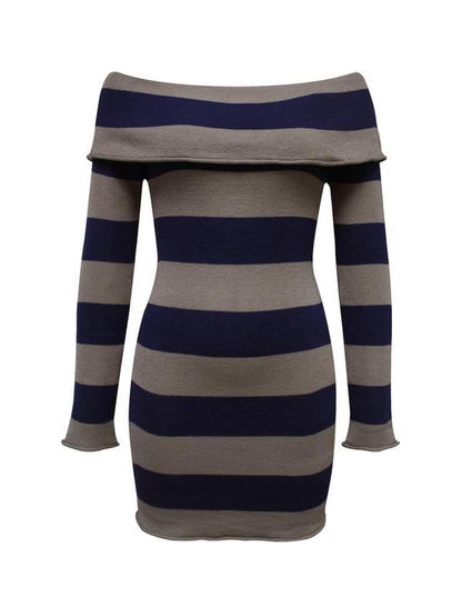 Women'S Y2K Trendy Striped Print off Shoulder Bodycon Knit Dress 