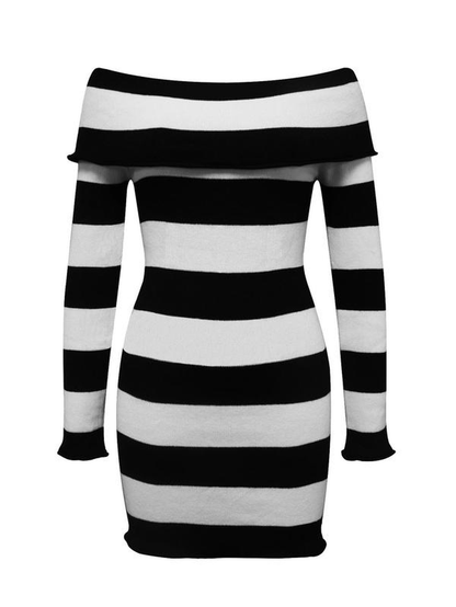 Women'S Y2K Trendy Striped Print off Shoulder Bodycon Knit Dress 