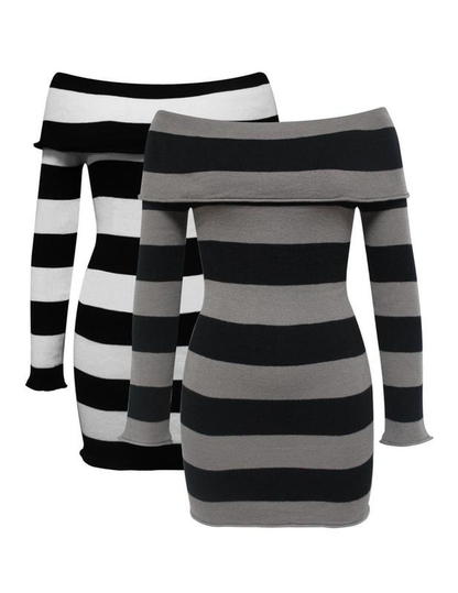 Women'S Y2K Trendy Striped Print off Shoulder Bodycon Knit Dress 