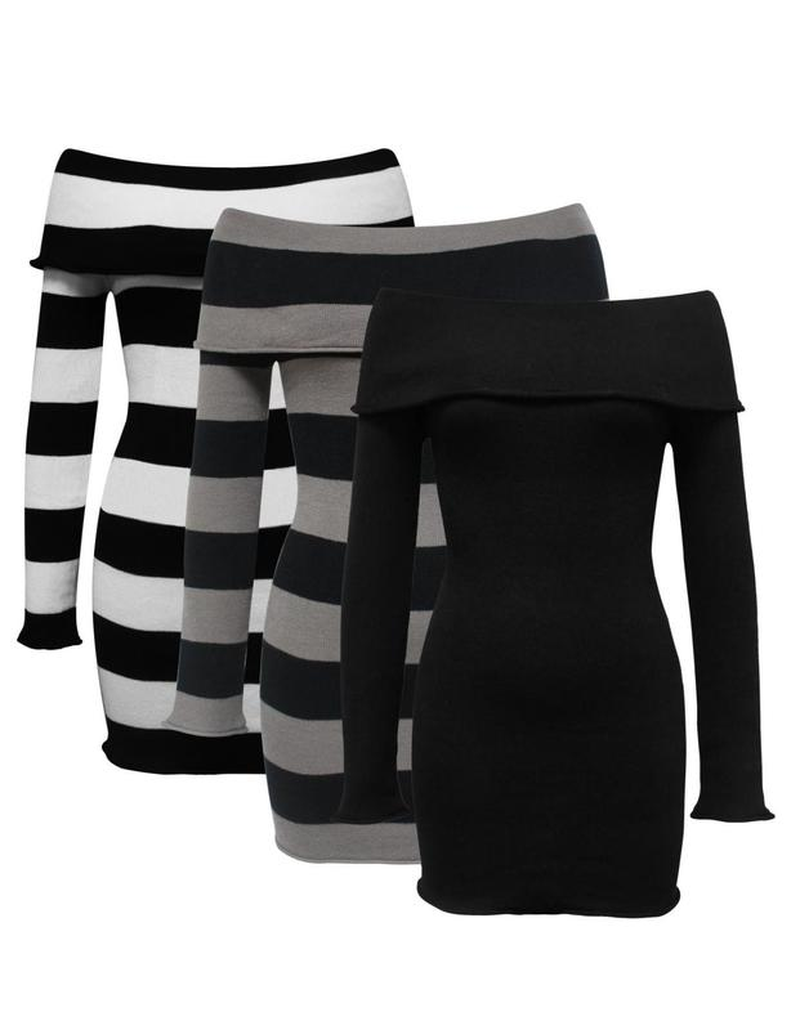 Women'S Y2K Trendy Striped Print off Shoulder Bodycon Knit Dress 